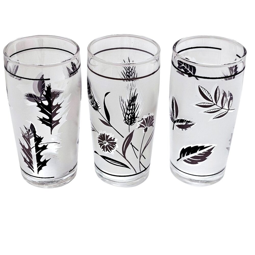 3 Frosted Wildflower Leaves Juice Glasses 4" midcentury botanical nature 6oz gla